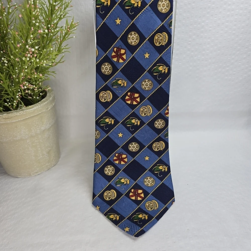 Tommy Hilfiger Fishing Themed Tie Blue Gold And Red Imported Silk Mens